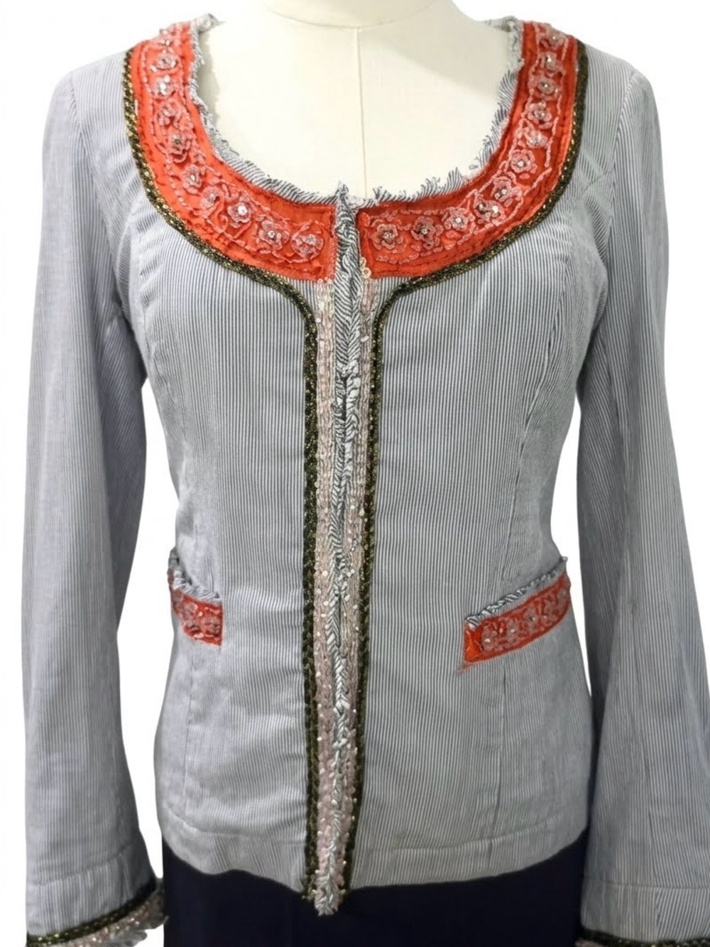 Free People My Fair Lady Cropped Pinstripe Jacket - Beaded Boho Blazer Sz 10 - Picture 3 of 9